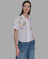 Karl Lagerfeld Paris Petite Cotton Embroidered Studded Blouse