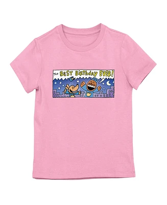 Dog Man "The Best Birthday Ever!" Comic Strip Youth Girl Pink Short Sleeve Tee-Large