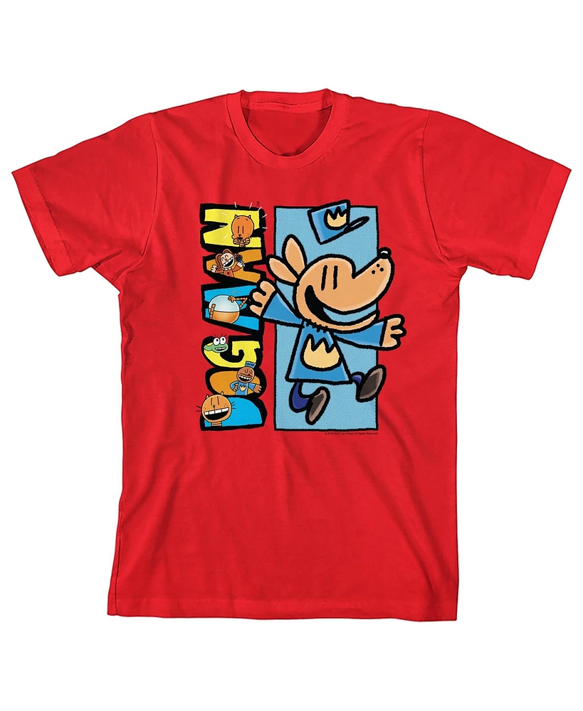 Dog Man Boys Characters Inside Logo Youth Red Crew Neck Short Sleeve T-shirt -Xl