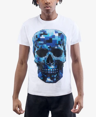 heads or tails Men's Pixel Skull Rhinestone Crew T-Shirt