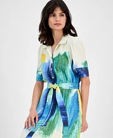 T Tahari Women's Pleated-Skirt Brushstroke-Print Belted Dress