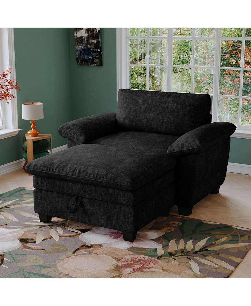 51" Chenille Chaise Lounge with Ottoman & Storage