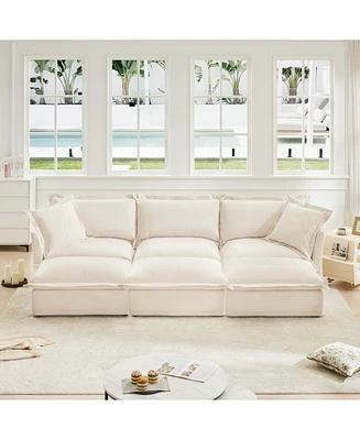 Cream Chenille 3-Seat Sofa with Ottomans & Sleeper