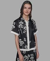 Karl Lagerfeld Paris Petite Floral Print Satin Button-Front Shirt