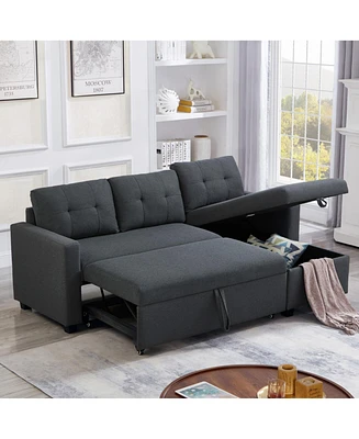 Upholstered Pull Out Sectional Sofa with Storage Chaise, Convertible Corner Couch, Dark Grey