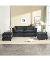 Plush Chenille Sofa with Detachable Armrests, Footstools and Side Pockets