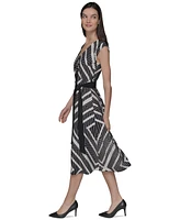 Karl Lagerfeld Paris Women's Geo-Print Belted V-Neck Midi Dress
