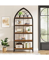Tribesigns Tall Bookshelf, Industrial Curved Freestanding Display Shelf, Wood Storage Shelves with Metal Frame for Living Room