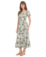 London Times Women's Puff-Sleeve Ruched Smocked-Back Empire Midi Dress