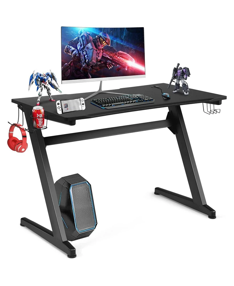 45.5 Gaming Desk, Z Shaped Racing Game Table with Carbon Fiber Surface, Mouse Mat, Headphone Hook, Cup Holder, Game Handle Rack, Ergonomic Home Office