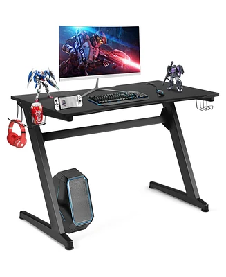 45.5 Gaming Desk, Z Shaped Racing Game Table with Carbon Fiber Surface, Mouse Mat, Headphone Hook, Cup Holder, Game Handle Rack, Ergonomic Home Office