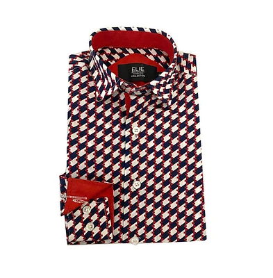 Elie Balleh Big Boys Red Geometric Button-Down Slim Fit Short Sleeve Shirt