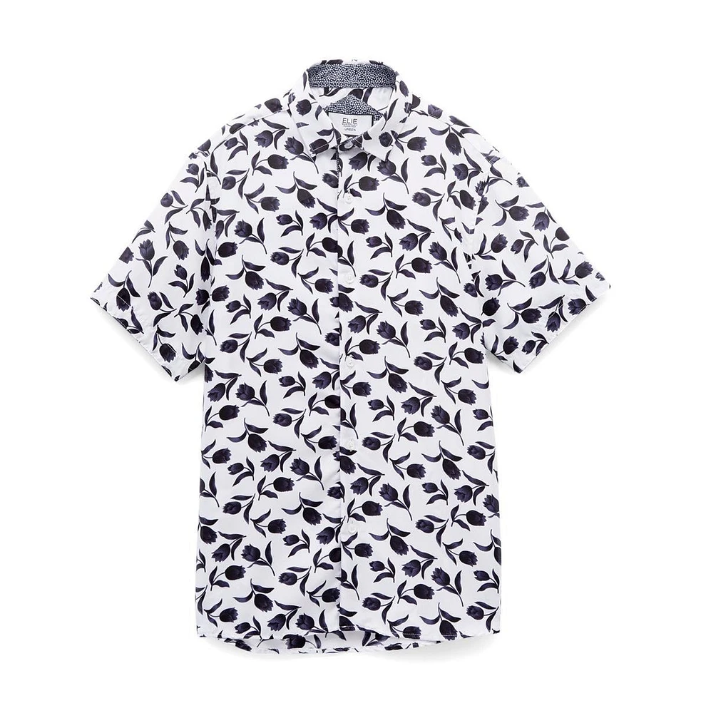 Elie Balleh Big Boys Blue Floral Button-Down Slim Fit Short Sleeve Shirt