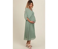 Pinkblush Maternity Light Olive Pleated V Neck Maxi Dress