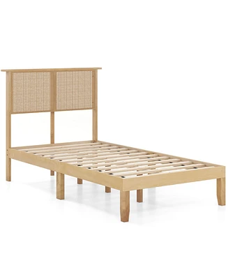 Gymax Twin Size Bed Frame w/ Rattan Headboard 10 Solid Wood Legs & 12 Wooden Slats