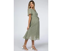 Pinkblush Maternity Light Olive Leaf Print Pleated Midi Dress