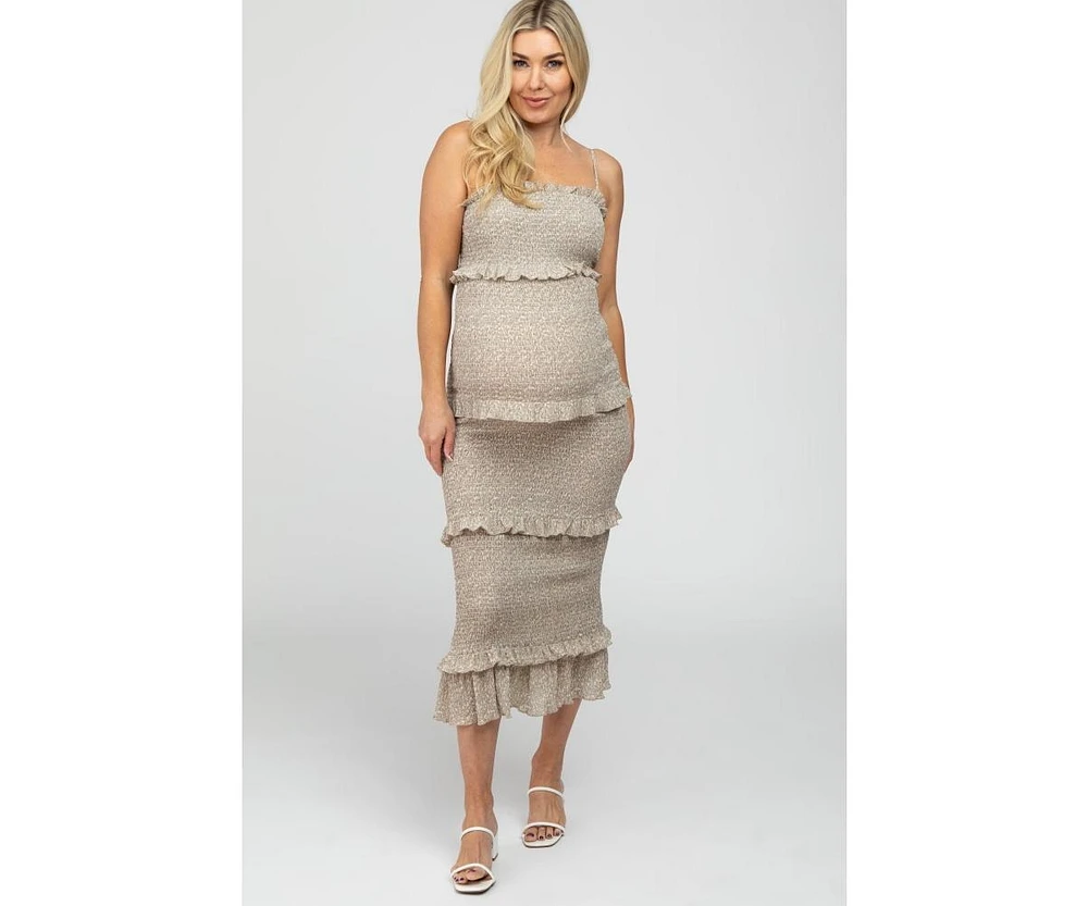 Pinkblush Maternity Taupe Leaf Print Smocked Fitted Midi Dress