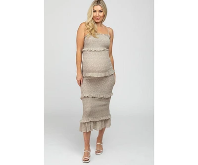 Pinkblush Maternity Taupe Leaf Print Smocked Fitted Midi Dress