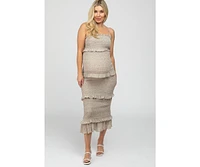 Pinkblush Maternity Taupe Leaf Print Smocked Fitted Midi Dress