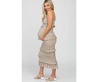 Pinkblush Maternity Taupe Leaf Print Smocked Fitted Midi Dress