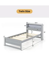 Gymax Twin Wooden Bed Frame w/ Charging Station & Led Light Storage Headboard