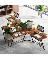 L-shaped Computer Desk with Power Outlet and Monitor Stand