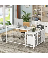 L-shaped Computer Desk with Power Outlet for Working Studying Gaming