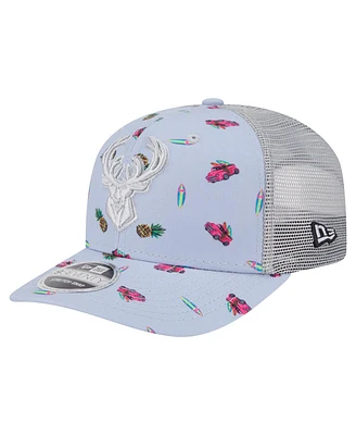 New Era Men's Light Blue/Gray Milwaukee Bucks Adventure Aloha Pattern 9SEVENTY Stretch-Snap Hat