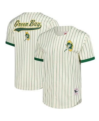 Mitchell & Ness Men's Cream Green Bay Packers Vintage Logo Final Seconds Full-Button Mesh T-Shirt