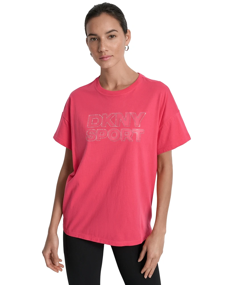 Dkny Sports Women's Rhinestone-Logo Drop-Shoulder T-Shirt