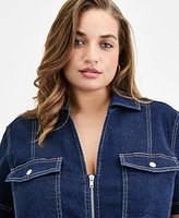 Bar Iii Trendy Plus Seamed Denim Zip-Front Top, Exclusively at Macy's
