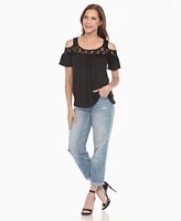 White Mark Women's Cold Shoulder Lace Trim Knit Top