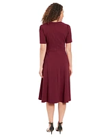London Times Women's Puff-Sleeve Tab-Detail Fit & Flare Dress