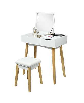 Wooden Vanity Table with Flip Top Mirror and Cushioned Stool