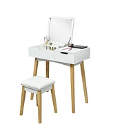 Wooden Vanity Table with Flip Top Mirror and Cushioned Stool