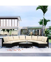 5-Piece Outdoor Sectional Sofa Set with Half-Moon Glass Table, Cushions & Pillows