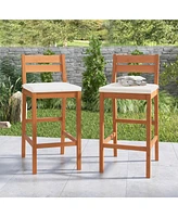 Gymax Patio Eucalyptus Wood Bar Stools Set of 2 Outdoor Bar Height Patio Chairs w/ Cushions