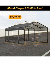12X20 Ft Metal Carport, Outdoor Car Shelter All Weather, Heavy Duty Outdoor Galvanized Car Shelter for Car Boat Truck and SUVs Black