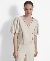 Dkny Women's Cotton Grommet-Trim Puffed-Sleeve Top