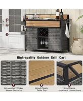 Wicker Grill Cart with Table Top & Storage