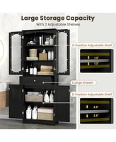 63 Inch Tall Bathroom Storage Cabinet with 2 Glass Doors and Adjustable Shelves