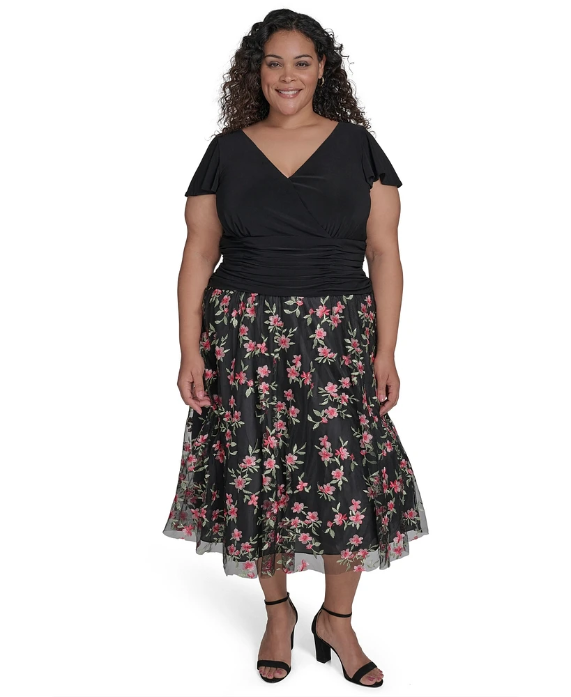 Jessica Howard Plus Mixed-Media Mesh-Skirt Fit & Flare Dress