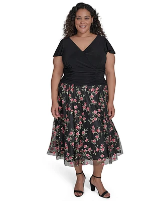 Jessica Howard Plus Mixed-Media Mesh-Skirt Fit & Flare Dress