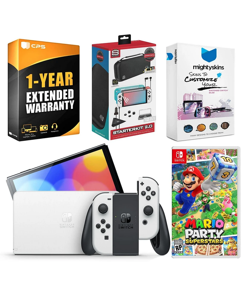 Nintendo Switch White Oled Console with Mario Party Superstars, Surge Accessory Gaming Kit, MightySkins Console and Controller Skin Voucher, and 1 Yea