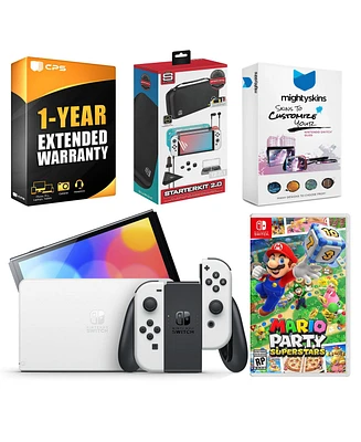 Nintendo Switch White Oled Console with Mario Party Superstars, Surge Accessory Gaming Kit, MightySkins Console and Controller Skin Voucher, and 1 Yea