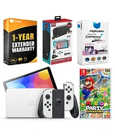 Nintendo Switch White Oled Console with Mario Party Superstars, Surge Accessory Gaming Kit, MightySkins Console and Controller Skin Voucher, and 1 Yea