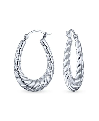 Bling Jewelry Boho Tribal Lightweight Hollow Puff Ribbed Scalloped Twist Rope Cable Style Oval Tube Hoop Earrings .925 Sterling Silver Medium Size Hoo