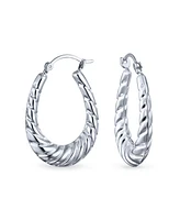 Bling Jewelry Boho Tribal Lightweight Hollow Puff Ribbed Scalloped Twist Rope Cable Style Oval Tube Hoop Earrings .925 Sterling Silver Medium Size Hoo