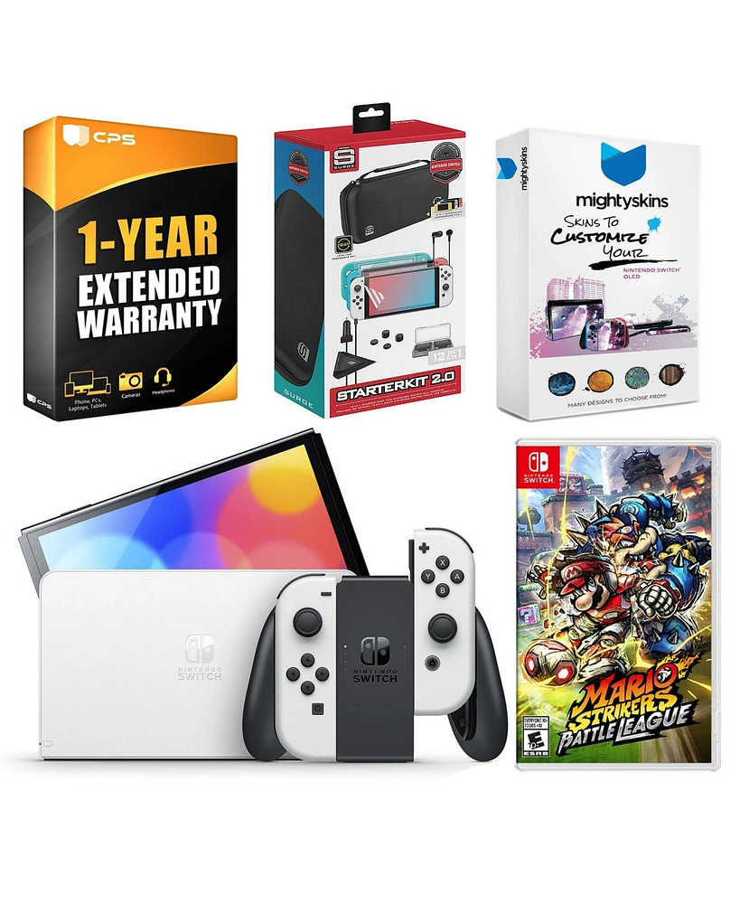 Nintendo Switch White Oled Console with Mario Strikers: Battle League, Surge Accessory Gaming Kit, MightySkins Console and Controller Skin Voucher, an