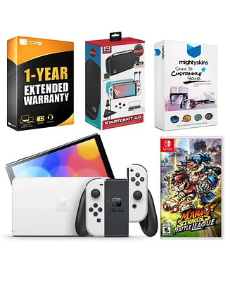 Nintendo Switch White Oled Console with Mario Strikers: Battle League, Surge Accessory Gaming Kit, MightySkins Console and Controller Skin Voucher, an